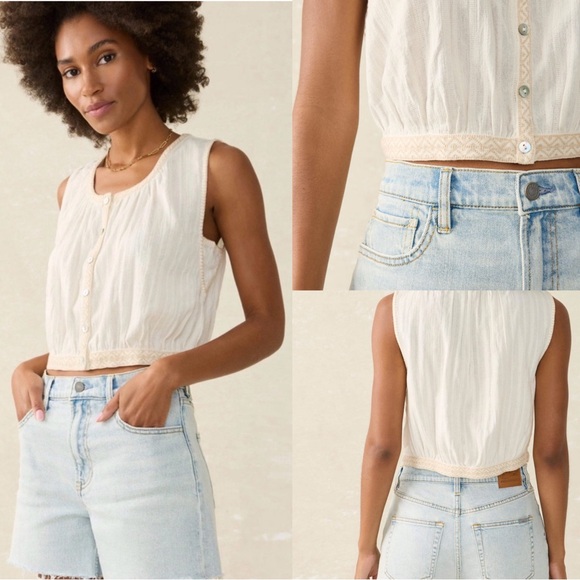 Faherty Tops - Faherty Isla Embroidered Sleeveless Top, Egert Cream, Organic Cotton, Size Small